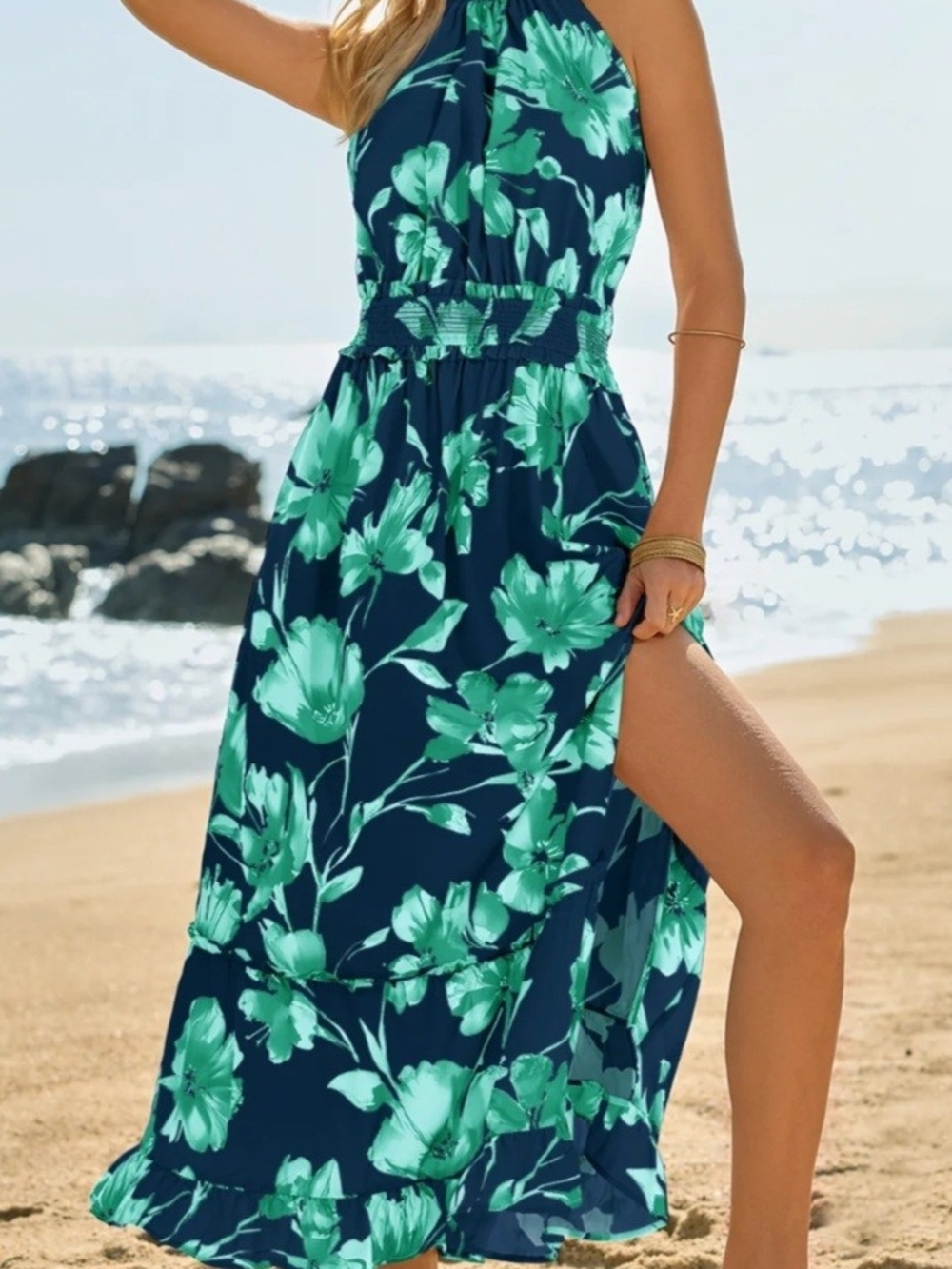 Wenrine Women's Navy Floral Halter Tie Back Maxi Sundress